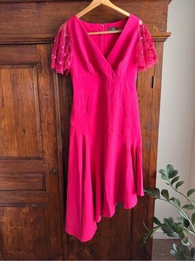 THEIA Jazlyn Asymmetric Dress Begonia Beaded sleeves